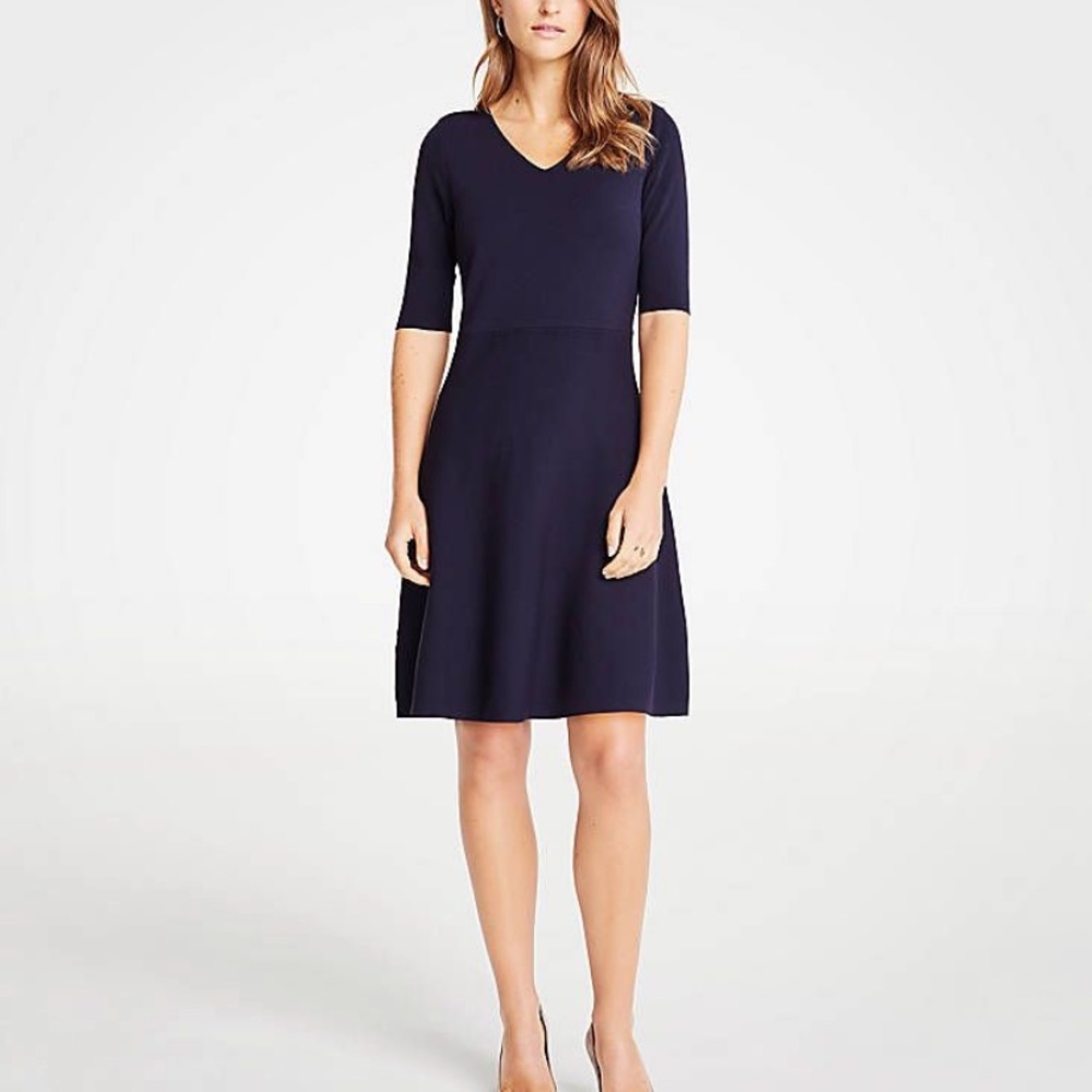 Ann Taylor Navy V Neck Flare Sweater Dress XS NWT